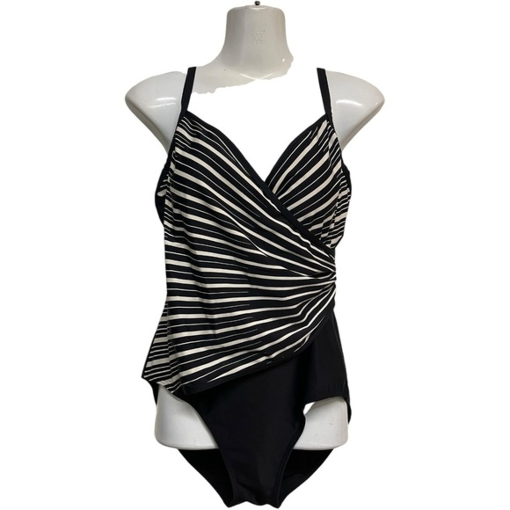 FANTASIZER One Piece Swimsuit Wrap Top Black/White Striped Size 12D